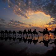 Camel riders enjoy a spectacular sunset on Cable Beach, Broome, NT
