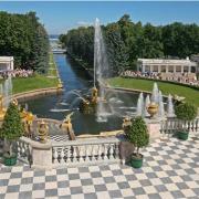 The Grand Cascade is one of more than 100 fountains at Peterhof Palace, St Petersburg, Russia