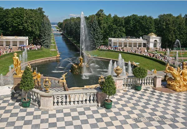 The Grand Cascade is one of more than 100 fountains at Peterhof Palace, St Petersburg, Russia